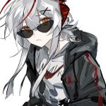  1girl arknights black_jacket chinese_commentary closed_mouth commentary_request grey_hair grey_shirt hair_between_eyes hair_ornament highres hood hood_down hooded_jacket jacket long_hair looking_at_viewer multicolored_hair open_clothes open_jacket qielmy red_hair shirt simple_background sketch solo streaked_hair sunglasses upper_body w_(arknights) white_background x_hair_ornament yellow_eyes 