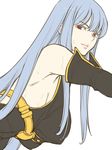  armpits bare_shoulders breasts elbow_gloves gloves gus_(clarkii) large_breasts leaning lips long_hair looking_at_viewer red_eyes selvaria_bles senjou_no_valkyria silver_hair solo sweat very_long_hair white_background 