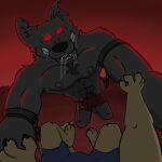abs aggressive alternate_version_at_source anthro armpit_hair bared_teeth bodily_fluids body_hair bottomwear bulge canid canid_demon canine chain chest_hair chest_tuft claws clothed clothing cuff_(restraint) demon detailed_background dripping drooling duo eye_scar facial_scar first_person_view fur grey_body grey_fur grey_nipples growling hairy happy_trail hellhound hybrid kodiff_wolff looking_at_viewer male mammal mature_anthro mature_male monster muscular muscular_anthro muscular_male mythological_canine mythological_creature mythology nipples notched_ear pecs pinned pinned_arms pinned_to_ground red_eyes red_theme restraints saliva saliva_string scar shirtless shirtless_anthro shirtless_male shorts size_difference stubble tan_body tan_fur teeth teeth_showing tuft
