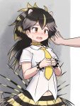  1girl 1other animal_ears black_hair blonde_hair blush bracelet brazilian_porcupine_(kemono_friends) choker collared_shirt colored_tips double-parted_bangs ear_blush extra_ears furrowed_brow grey_hair hand_on_wall highres jewelry kabedon kemono_friends long_hair mo23 multicolored_hair navel nervous nose_blush open_mouth own_hands_together porcupine_ears porcupine_girl red_eyes shirt short_sleeves skirt solo_focus spiked_bracelet spiked_choker spikes striped_clothes striped_skirt tail upper_body white_shirt wing_collar yellow_choker 