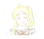  1girl ^_^ ahoge bad_id bad_twitter_id blonde_hair blush bocchi_the_rock! bow bowtie braid closed_eyes collared_shirt commentary_request glub000 grin ijichi_nijika inactive_account korean_commentary polka_dot_bowtie red_bow red_bowtie shirt side_ponytail sidelocks simple_background smile solo white_background white_shirt 