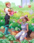  2girls artist_name black_cat black_pants blue_overalls blue_shirt boots brown_hair bug bush butterfly cabbage carrot cat day double_bun food frog fruit gardening gloves green_boots green_gloves green_hair hair_bun hat highres holding holding_watering_can kneeling lemon luztapiaart magic multicolored_hair multiple_girls one_eye_closed orange_butterfly orange_hair orange_sleeves original outdoors overalls pants peyton_(luztapiaart) pink_butterfly puffy_short_sleeves puffy_sleeves roya_(luztapiaart) rubber_boots shirt short_sleeves standing telekinesis tomato two-tone_hair watering_can white_gloves white_shirt 