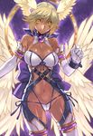  bare_shoulders blonde_hair breasts cleavage dark_skin elbow_gloves gloves head_wings large_breasts lilith_(shinrabanshou) looking_at_viewer midriff navel panties pointy_ears ran'ou_(tamago_no_kimi) shinrabanshou shiny shiny_skin short_hair side-tie_panties skindentation smile solo underwear wings yellow_eyes 