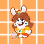 2022 anthro artist_logo blue_eyes brown_hair clothing colored crossover dress ear_tuft emerald_(gem) english_description eyelashes fan_character featureless_legs female female_anthro flower_ear_piercing full-length_portrait fur gem hair hands_on_own_hips handwear hi_res lagomorph light lighting logo mammal mario_bros mario_plus_rabbids_kingdom_battle mittens multicolored_body nintendo noseless open_mouth open_smile orange_background orange_clothing orange_dress orange_eyelids orange_outline outline pattern_background pink_tongue portrait rabbid rabbid_daisy raving_rabbids rayman_(series) scut_tail shaded short_tail simple_background slushysushi smile solo standing tail tan_body tan_clothing tan_handwear tan_inner_ear tan_mittens tan_skin tongue tuft two_tone_body ubisoft white_body white_fur white_tail