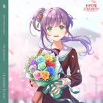  1girl absurdres album_cover aqua_neckerchief blue_flower blue_rose blurry blurry_background bouquet brown_dress character_logo character_name cherry_blossoms copyright_logo cover cowboy_shot dress english_text falling_petals floating_hair flower graduation green_eyes green_flower green_rose grey_flower grey_rose hair_bun hair_flower hair_ornament hasu_no_sora_school_uniform highres holding holding_bouquet link!_like!_love_live! long_hair long_sleeves love_live! neckerchief official_art open_mouth orange_flower orange_rose otomune_kozue petals pink_flower pink_petals pink_rose pleated_dress purple_flower purple_hair purple_rose red_flower red_rose rose sailor_collar sailor_dress school_uniform second-party_source side_ponytail sidelocks single_side_bun smile solo tassel tassel_hair_ornament teeth upper_teeth_only virtual_youtuber white_sailor_collar winter_uniform yellow_flower yellow_rose 
