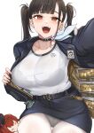 1girl :d asymmetrical_bangs belt beret black_belt black_bra black_choker black_hair black_hat black_jacket black_skirt blunt_bangs bra bra_visible_through_clothes breasts choker collarbone commentary doro_(nikke) fang goddess_of_victory:_nikke hat highres id_card jacket large_breasts long_hair long_sleeves looking_at_viewer miniskirt open_clothes open_mouth panties panties_under_pantyhose pantyhose pantyshot pencil_skirt rapi_(nikke) rapi_(red_hood)_(nikke) red_eyes red_hair shirt simple_background skirt smile sora_(nikke) teeth thigh_biting twintails underwear upper_teeth_only white_background white_panties white_pantyhose white_shirt wireless_earphones yougenko 