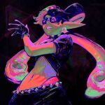  belt black_gloves black_hair black_shirt black_shorts bow bow-shaped_hair callie_(octo_idol_outfit)_(splatoon) callie_(splatoon) collar cowboy_shot cowlick crop_top dark_background earrings esquidda fish_(food) food from_below gloves gradient_hair hat highres hypnoshades_(splatoon) jewelry long_hair long_pointy_ears midriff mole mole_under_eye multicolored_hair navel neon_palette octopus_hair_ornament octopus_sashimi octopus_sausage_earrings octopus_tattoo official_alternate_costume panties panty_straps pink_hat pink_leaf pink_panties pink_shiso_leaf pink_tattoo pointy_ears puffy_short_sleeves puffy_sleeves sashimi shirt short_shorts short_sleeves shorts simple_background spiked_collar spiked_waistband spikes splatoon_(series) splatoon_2 stomach_tattoo studded_belt studded_collar suction_cups sunglasses swept_bangs tattoo teeth tentacle_hair twintails underwear 
