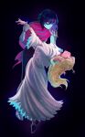  1girl 1other antlers armor armored_gloves artist_name blonde_hair blue_hair blue_skin cape capelet closed_eyes colored_skin dancing deer_antlers deer_girl deltarune furry furry_female highres holding_another&#039;s_wrist hooves horns jewelry kris_(dark_world)_(deltarune) kris_(deltarune) long_hair noelle_holiday noelle_holiday_(dark_world) partially_shaded_face pelmenya_owo pink_cape pink_eyes ring robe thorn_ring_(deltarune) weird_route_(deltarune) white_capelet white_robe 