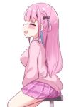  1girl absurdres between_legs black_bow blunt_bangs blush bow braid breasts cardigan chair closed_eyes clothed_masturbation cowboy_shot female_masturbation from_side hair_bow half_updo hand_between_legs highres hololive implied_masturbation kanami9731 long_hair long_sleeves masturbation medium_breasts minato_aqua miniskirt on_chair one_side_up open_mouth pink_cardigan pink_hair pink_skirt plaid_clothes plaid_skirt pleated_skirt raised_inner_eyebrows sidelocks simple_background sitting skirt solo stool straight_hair virtual_youtuber white_background 