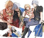  2boys black_gloves black_shirt blue_eyes closed_eyes gloves grey_hair head_rest highres honkai:_star_rail honkai_(series) male_focus multiple_boys multiple_views muscular muscular_male mydei_(honkai:_star_rail) open_mouth orange_eyes orange_hair phainon_(honkai:_star_rail) red_tattoo shirt short_sleeves simple_background sitting smile teeth toramaru_(696anna) twitter_username upper_teeth_only white_background 