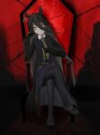  1girl ahoge barbed_wire black_coat black_gloves black_hair black_pantyhose black_shirt black_shoes black_skirt chair closed_mouth coat collared_shirt crossed_legs ear_tag earrings gloves grey_hair hair_between_eyes hand_up head_rest head_tilt highres jewelry long_bangs long_hair long_hair_between_eyes long_sleeves looking_at_viewer manhattan_cafe_(umamusume) multicolored_hair necktie open_clothes open_coat pantyhose pleated_skirt red_theme shirt shoes single_earring sitting skirt smile solo thefatum umamusume upper_body very_long_hair yellow_eyes yellow_necktie 