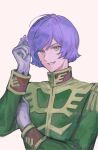  1boy artist_name epaulettes garma_zabi gloves green_eyes green_jacket gundam hand_in_own_hair hand_on_own_arm hand_up high_collar highres jacket long_sleeves looking_at_viewer male_focus mobile_suit_gundam open_mouth playing_with_own_hair purple_hair sas99009 short_hair signature simple_background sleeve_cuffs smile solo twirling_hair twitter_username upper_body watermark white_gloves 