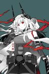  1girl arknights arm_up bare_shoulders breasts chinese_commentary cleavage commentary_request cowboy_shot earrings elbow_gloves fingerless_gloves fingernails floating_hair gloves green_background hand_in_own_hair highres horns infection_monitor_(arknights) jewelry large_breasts long_hair looking_at_viewer mudrock_(arknights) mudrock_(rubble)_(arknights) official_alternate_costume parted_lips partial_commentary partially_colored piaoliu_ping_ping_ping_pingzi pointy_ears red_eyes short_shorts shorts simple_background solo standing underbust 
