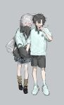 1boy 1girl black_hair black_shorts blush closed_eyes full_body grey_background hair_between_eyes highres jacket long_hair long_sleeves looking_at_viewer original plaid_clothes plaid_skirt pleated_skirt qyzhiaiyisheng red_eyes shirt shoes short_hair short_sleeves shorts skirt sleepy sleeves_past_fingers sleeves_past_wrists sneakers socks standing white_hair yawning 