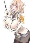  1girl asyuri atago_(kancolle) bespectacled blonde_hair breasts buttons collared_shirt cosplay double-breasted epaulettes glasses gloves green_eyes highres holding holding_pointer holding_riding_crop kantai_collection katori_(kancolle) katori_(kancolle)_(cosplay) long_hair military military_uniform miniskirt necktie pantyhose pencil_skirt pointer riding_crop shirt skirt smile white_gloves 