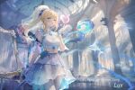  1girl blonde_hair blue_eyes blue_gemstone character_name column_lineup dolphin dress earrings english_commentary gem gloves heart high_ponytail highres jewelry jzby league_of_legends lux_(league_of_legends) mage_staff midriff ponytail sleeveless sleeveless_dress solo thighhighs water white_gloves white_thighhighs 