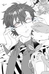  2boys absurdres anger_vein blue_nails cheek_pull collared_shirt gagake_v greyscale hair_between_eyes hands_up highres jacket leos_vincent male_focus mameneko_(leos_vincent) monochrome multiple_boys necktie nijisanji one_eye_closed parted_lips shirt short_hair spot_color sweat tie_clip upper_body veins veiny_hands virtual_youtuber 