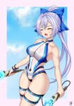  1girl bare_shoulders blue_bow blue_one-piece_swimsuit blue_sky blush bow breasts closed_eyes controller fate/grand_order fate_(series) guriguri_(arayotto4351) hair_bow highleg highleg_one-piece_swimsuit highres large_breasts long_hair one-piece_swimsuit open_mouth ponytail sky smile solo swimsuit thigh_strap thighs tomoe_gozen_(fate) tomoe_gozen_(swimsuit_saber)_(first_ascension)_(fate) two-tone_swimsuit white_hair white_one-piece_swimsuit wristband 