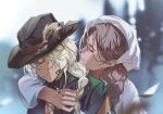  2girls argus_(reverse:1999) arm_around_neck behind_another black_hat blonde_hair blurry blurry_background brokeback_mountain brown_hair cape closed_eyes cowboy_hat dress green_cape hat headscarf kayla_(reverse:1999) long_braid long_hair luojia_ying multiple_girls parody profile reverse:1999 upper_body white_dress white_headscarf yuri 
