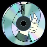  1girl black_background cd closed_eyes collared_shirt commentary cryptidhermit english_commentary grey_shirt hatsune_miku headphones highres necktie pale_skin shirt simple_background solo twintails upper_body vocaloid 