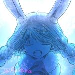  1girl animal_ear_fluff animal_ears bare_shoulders blue_theme braid closed_eyes commentary_request don-chan_(usada_pekora) gloves highres holding holding_microphone hololive kiritoma long_hair low_twintails microphone open_mouth rabbit_ears round_teeth short_eyebrows solo teeth thick_eyebrows twin_braids twintails twitter_username upper_body upper_teeth_only usada_pekora virtual_youtuber 