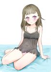  1girl alternate_costume babydoll bairasu_02 bare_shoulders barefoot black_babydoll blush bow bow_panties breasts brown_hair center-flap_bangs closed_mouth collarbone commentary covered_navel embarrassed full_body highres kachimachi_kosuzu link!_like!_love_live! looking_at_viewer love_live! no_pants panties pink_eyes pink_panties simple_background sitting small_breasts smile solo toes underwear virtual_youtuber white_background yokozuwari 