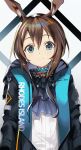  1girl absurdres amiya_(arknights) animal_ears arknights ascot black_ascot black_jacket blue_collar blue_eyes brown_hair closed_mouth clothes_writing collar commentary_request gradient_ascot hair_between_eyes highres jacket light_blush long_hair looking_at_viewer open_clothes open_jacket prts_logo_(arknights) purple_ascot shirt sidelocks smile solo twitter_username upper_body watermark white_background white_shirt zao_illust 