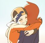  2boys arms_around_neck backwards_hat baseball_cap black_hair black_shirt blush chueog closed_eyes ethan_(pokemon) grin hat highres hood hood_down hooded_jacket hug jacket long_sleeves male_focus multiple_boys pokemon pokemon_hgss red_hair red_jacket shirt silver_(pokemon) simple_background sleeve_cuffs smile teeth white_background 