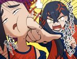  1boy 1girl anger_vein black_hair brother_and_sister carmine_(pokemon) cheek_poking clenched_hand commentary_request crossed_bangs eyelashes hair_between_eyes hairband highres jacket kieran_(pokemon) long_hair mole mole_on_neck mole_under_eye multicolored_hair open_mouth pointing pokemon pokemon_sv poking puff_of_air purple_hair red_hair red_tank_top siblings spicyichizo tank_top translation_request upper_body yellow_eyes yellow_hairband 