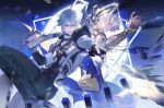  2boys alternate_form antenna_hair armor back-to-back bantian_daxi black_choker black_gloves black_pants black_shirt blonde_hair blue_cape blue_eyes cape choker coat commentary cracked_skin dual_persona fingerless_gloves floating_cape gloves hair_between_eyes halo halo_behind_head highres holding holding_sword holding_weapon honkai:_star_rail honkai_(series) male_focus material_growth multiple_boys pants parted_bangs pauldrons phainon_(honkai:_star_rail) shirt short_hair shoulder_armor single_glove single_pauldron sword weapon white_coat white_hair yellow_blood yellow_eyes 