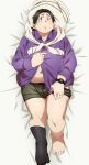  1boy bara bed_sheet black_hair black_socks blush closed_mouth collared_shirt dakimakura_(medium) fat grey_male_underwear highres honda_yutaka jacket_around_neck long_sleeves looking_at_viewer lying male_focus male_underwear on_back partially_unbuttoned purasu_no_konbu purple_shirt shirobako shirt short_hair single_sock socks solo underwear watch wristwatch 