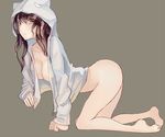  bad_id bad_pixiv_id barefoot bottomless breasts brown_hair character_request copyright_request grey_background hood hoodie long_hair medium_breasts naked_hoodie open_clothes open_hoodie simple_background solo walzrj yellow_eyes 