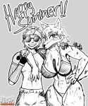abs anthro arm_around_neck arm_around_partner arm_around_shoulders big_breasts bikini bikini_bottom bikini_thong bikini_top black_and_white breasts canid canine canis claws clothing dessert duo eyewear female food hair hi_res human ice_cream kerchief line_art long_hair looking_at_viewer lucypher_(xdreamers) male male/female mammal monochrome rcblackdie rcblackdie_(character) smile smiling_at_viewer spiky_hair sunglasses swimming_trunks swimwear two-piece_swimsuit wolf