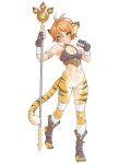  1girl absurdres animal_ears ankle_belt antenna_hair armlet armpit_crease armpits ass_visible_through_thighs bandaged_arm bandaged_leg bandages belt blue_gloves blush bottomless breasts breath_of_fire breath_of_fire_ii cat_ears cat_girl cat_tail clawed_feet cleavage clenched_hand closed_mouth commentary_request facial_mark fingerless_gloves gem girdle gloves green_eyes green_gemstone head_tilt highres holding holding_staff jewelry katt_(breath_of_fire) leather_collar looking_at_viewer momo_oddeye monster_girl open-toe_shoes orange_fur orange_hair purple_tank_top short_hair smile solo staff striped_fur tail tank_top white_fur wrist_belt 
