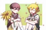  2boys antenna_hair bailan1130 basil_(faraway)_(omori) basil_(omori) black_eyes black_hair black_sweater_vest blonde_hair blush bright_pupils brown_shorts closed_eyes closed_mouth collared_shirt crossed_arms flower green_sweater_vest grey_eyes hair_flower hair_ornament heterochromia highres holding holding_flower knees_up looking_at_another male_focus multiple_boys omori open_mouth shirt short_hair short_sleeves shorts sitting smile socks spoilers sunflower sunny_(omori) sweater_vest teeth upper_teeth_only white_pupils white_shirt white_socks 