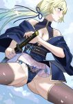  1girl absurdres black_shirt blonde_hair blue_eyes blue_hair blue_kimono blue_panties blue_ribbon blue_sky blush bow bow_panties breasts brown_thighhighs cleavage cleavage_cutout clothing_cutout cloud commentary_request cowboy_shot crotch_seam floating_clothes floating_hair gold_trim gradient_hair green_hair hair_ribbon highres holding holding_sword holding_weapon japanese_clothes jumping katana kimono kuroi_suna long_hair multicolored_hair obi off_shoulder original outdoors panties pantyshot parted_lips pelvic_curtain ponytail ribbon sash see-through_clothes see-through_skirt sheath sheathed shirt short_sleeves sidelocks sideways_mouth skirt sky sleeveless sleeveless_shirt smile solo spread_legs streaked_hair string_panties sword thighhighs turning_head underwear weapon wide_sleeves zettai_ryouiki 