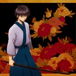  black_hair blue_hakama bokken gintama glasses hakama japanese_clothes male_focus official_style shimura_shinpachi solo sword uo_(687413) weapon wooden_sword 