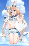  1girl animal_ears bare_arms bare_legs bikini blue_eyes blue_sky breasts cloud commentary day dot_nose full_body highres indie_virtual_youtuber long_hair low_twintails multicolored_hair navel outdoors sameko_saba short_shorts shorts skai_kun sky small_breasts solo stomach streaked_hair swimsuit symbol-only_commentary twintails very_long_hair 