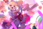  1girl absurdres aisaki_emiru blonde_hair blunt_bangs commentary_request cure_macherie earrings gloves glowstick guitar heart_pouch highres hugtto!_precure instrument jewelry long_hair magical_girl music open_mouth pink_eyes playing_instrument precure puffy_short_sleeves puffy_sleeves shipu_(gassyumaron) short_sleeves smile solo twintails white_gloves 