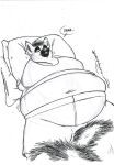 anthro belly big_belly clothed clothing dany_dunford dialogue english_text eye_markings facial_markings fur hair hands_behind_head head_markings hi_res lemur looking_at_self looking_down looking_down_at_self lounging lying male mammal markings monterrang moobs navel on_back onomatopoeia open_mouth overweight overweight_anthro overweight_male pillow primate ring-tailed_lemur ring_(marking) ringed_tail rumbling_stomach snout snout_markings solo sound_effects speech_bubble strepsirrhine striped_markings striped_tail stripes tail tail_markings text