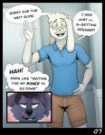  anthro bedroom_eyes bottomwear buckteeth canid canine canis clothing cole_(granitemcgee) comic dialogue duo english_text eyewear floppy_ears fur glasses granitemcgee green_eyes grey_body grey_fur hi_res lagomorph leporid licking licking_lips long_ears lucas_(granitemcgee) male mammal narrowed_eyes rabbit red_eyes round_glasses seductive shorts speech_bubble teeth text tongue tongue_out wearing_glasses white_body white_fur wolf 