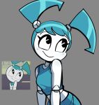  1girl absurdres android aqua_hair aqua_skirt aqua_tank_top bare_shoulders black_eyes derivative_work grey_background highres jenny_wakeman joints looking_to_the_side midriff my_life_as_a_teenage_robot peargor reference_inset robot_girl robot_joints screenshot_redraw simple_background skirt smile solo tank_top twintails upper_body 