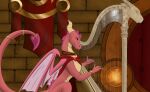 2025 activision apollyondragon banner bracelet digital_drawing_(artwork) digital_media_(artwork) dragon ember_(spyro) female feral hi_res horn jewelry musical_instrument mythological_creature mythological_scalie mythology necklace pink_body pink_scales playing_music ring scales scalie scarf solo spyro_the_dragon tail wings
