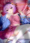  1girl :o \||/ absurdres ahoge bare_shoulders breasts buttons commentary_request dot_nose eyeball floral_print frills full_body glaring hair_between_eyes hair_ornament hands_up heart heart_button heart_hair_ornament heart_of_string highres komeiji_satori light_blush long_sleeves looking_at_viewer lying messy_hair midriff navel off_shoulder on_back open_mouth panties pantyshot pillow pink_tank_top purple_hair red_eyes shiguang_wuxia short_hair sitting small_breasts solo stenciled_rose tank_top thighhighs third_eye touhou unbuttoned unbuttoned_shirt underwear white_thighhighs wide_sleeves yokozuwari 