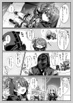  1other 2girls :d ? ^_^ absurdres amesaki_vanilla amiya_(arknights) arknights blush chibi closed_eyes closed_mouth commentary_request detached_wings doctor_(arknights) earrings exusiai_(arknights) exusiai_the_new_covenant_(arknights) goldenglow_(arknights) greyscale hair_between_eyes halo highres holding hood hood_up indoors jewelry lemuen_(arknights) monochrome multiple_girls notice_lines one_side_up open_mouth short_hair sitting smile sound_effects speech_bubble spoken_question_mark sweatdrop thighhighs traditional_halo translation_request wings 