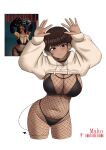  1girl absurdres arms_up bikini black_bikini black_choker black_eyes black_horns black_tail blush bodystocking breasts brown_hair character_name choker cleavage closed_mouth clothes_lift commentary cropped_legs dark-skinned_female dark_skin demon_girl demon_horns demon_tail ear_piercing earrings fishnet_bodystocking fishnets front-tie_bikini_top front-tie_top gradient_hair heart heart_necklace highres hood hood_down hoodie hoodie_lift horns jewelry large_breasts long_sleeves looking_at_viewer mako_(yukaraishin) mole mole_on_crotch multicolored_hair navel necklace original photo-referenced photo_inset piercing pubic_tattoo reference_inset short_hair simple_background small_horns solo_focus stud_earrings swimsuit tail tail_around_own_leg tail_wrap tasha_young tattoo white_background yellow_hoodie yukaraishin 