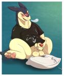 afterglow alex.fetter animal_genitalia balls blue_body blue_fur bodily_fluids cum cum_on_pillow cum_on_self fur generation_2_pokemon genital_fluids genitals hi_res male nintendo orange_eyes pawpads penis penis_tip pokemon pokemon_(species) sheath solo typhlosion