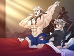 absurd_res ahegarou animal_humanoid bed_sheet bedding bulge canid canid_humanoid canine canine_humanoid corrin_(fire_emblem) corrin_(fire_emblem)_(male) duo femboy fire_emblem fire_emblem_fates fire_emblem_heroes hair hi_res human humanoid keaton_(fire_emblem) long_hair male male/male mammal mammal_humanoid muscular nintendo nipples open_mouth pecs red_eyes size_difference stretching wolf_humanoid wolfskin yawn