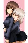  2girls absurdres anime_coloring artist_name bent_over black_skirt blush breasts brown_eyes brown_hair closed_mouth commentary dated dress_shirt emblem eyelashes girls_und_panzer grey_hair grey_shirt hair_between_eyes hands_on_another&#039;s_stomach hands_on_another&#039;s_waist hands_on_lap highres hug hug_from_behind insignia itsumi_erika kd_esler kuromorimine_school_uniform leaning_forward light_blush light_smile long_sleeves looking_back looking_to_the_side medium_breasts medium_hair miniskirt multiple_girls nishizumi_maho nuzzle open_mouth own_hands_together parted_lips pink_background pleated_skirt school_uniform shirt short_hair signature simple_background skirt smile standing thighs two-tone_background wing_collar yuri 