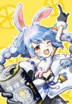  1girl ;d animal_ear_fluff animal_ears arm_up bare_shoulders black_gloves black_leotard black_pantyhose blue_hair blush braid breasts can commentary_request detached_sleeves don-chan_(usada_pekora) dress drink elbow_gloves food fruit fur-trimmed_dress fur-trimmed_gloves fur_trim gloves highres holding holding_can hololive kiritoma lemon lemon_slice leotard long_hair looking_at_viewer multicolored_hair one_eye_closed pantyhose puffy_short_sleeves puffy_sleeves rabbit_ears red_eyes short_eyebrows short_sleeves simple_background small_breasts smile solo thick_eyebrows twin_braids twintails two-tone_hair usada_pekora usada_pekora_(1st_costume) very_long_hair virtual_youtuber white_dress white_hair white_sleeves yellow_background 